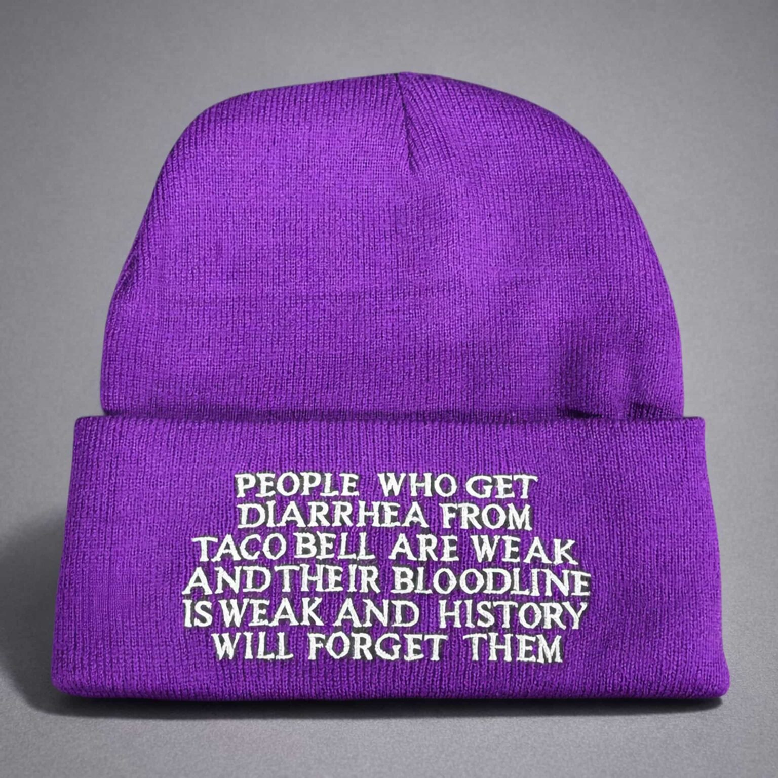 people who get are weak embroidered on a purple beanie hat