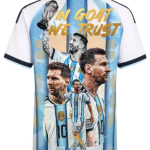 lionel messi in goat we trust argentina world cup 26 champions shirt1