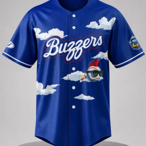 ontario tower buzzers bee mascot sky cloud graphic baseball jersey