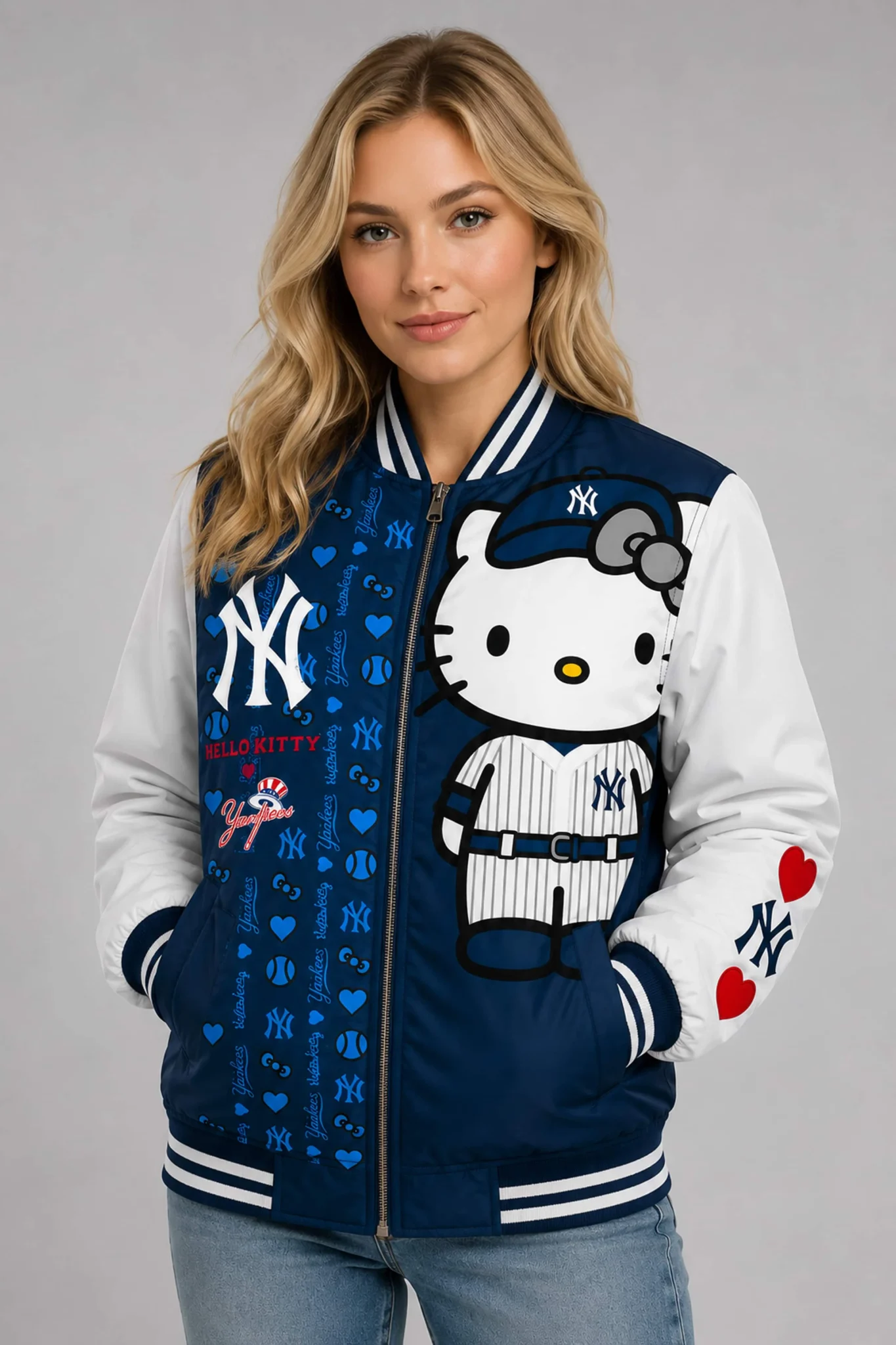yankees x hello kitty full zip bomber jacket3