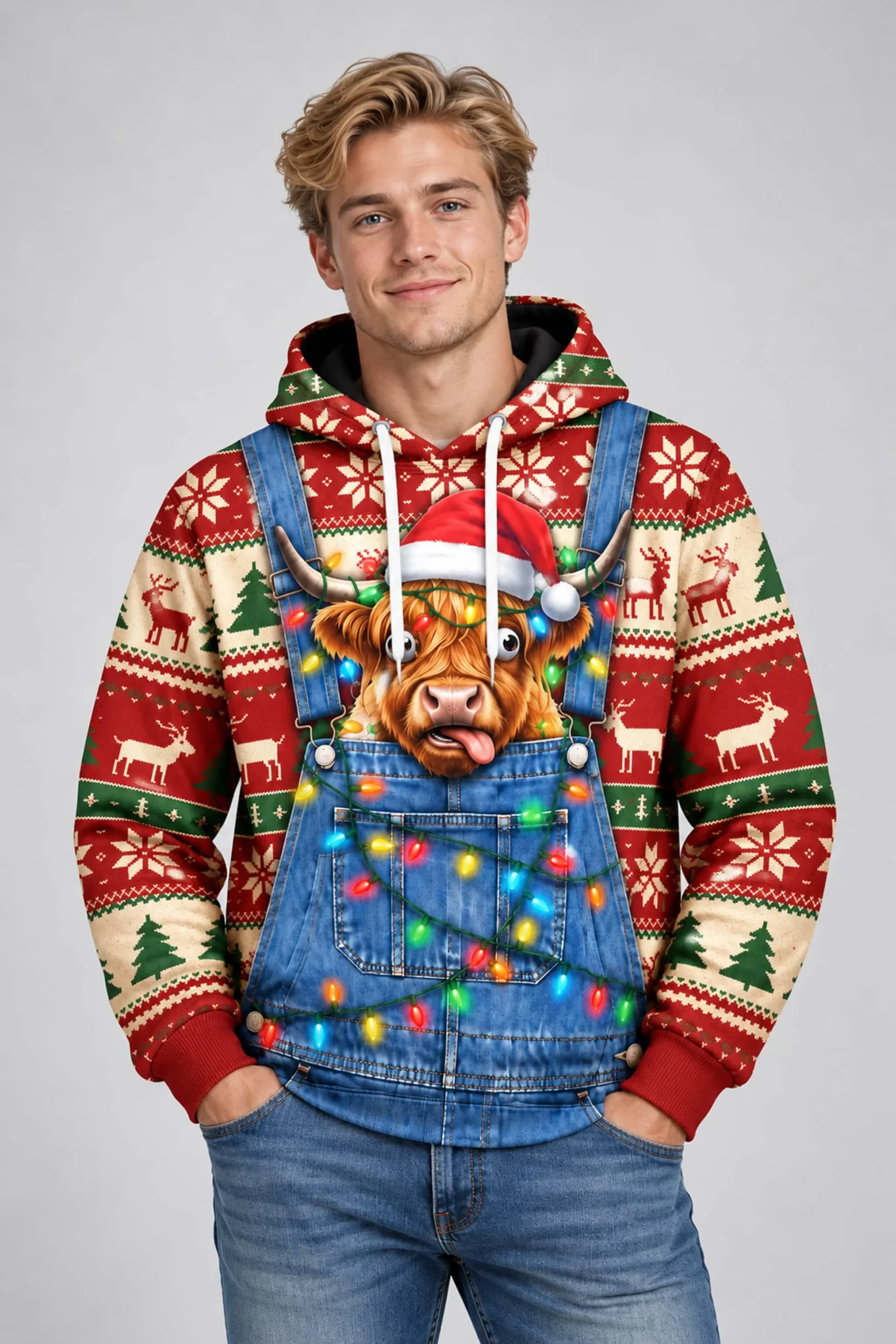 christmas highland cow overalls ugly sweater hoodie2