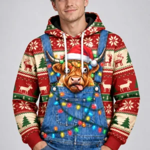 christmas highland cow overalls ugly sweater hoodie2
