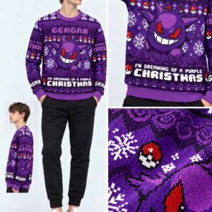 gengar im dreaming of a purple christmas pokemon ugly christmas sweater2