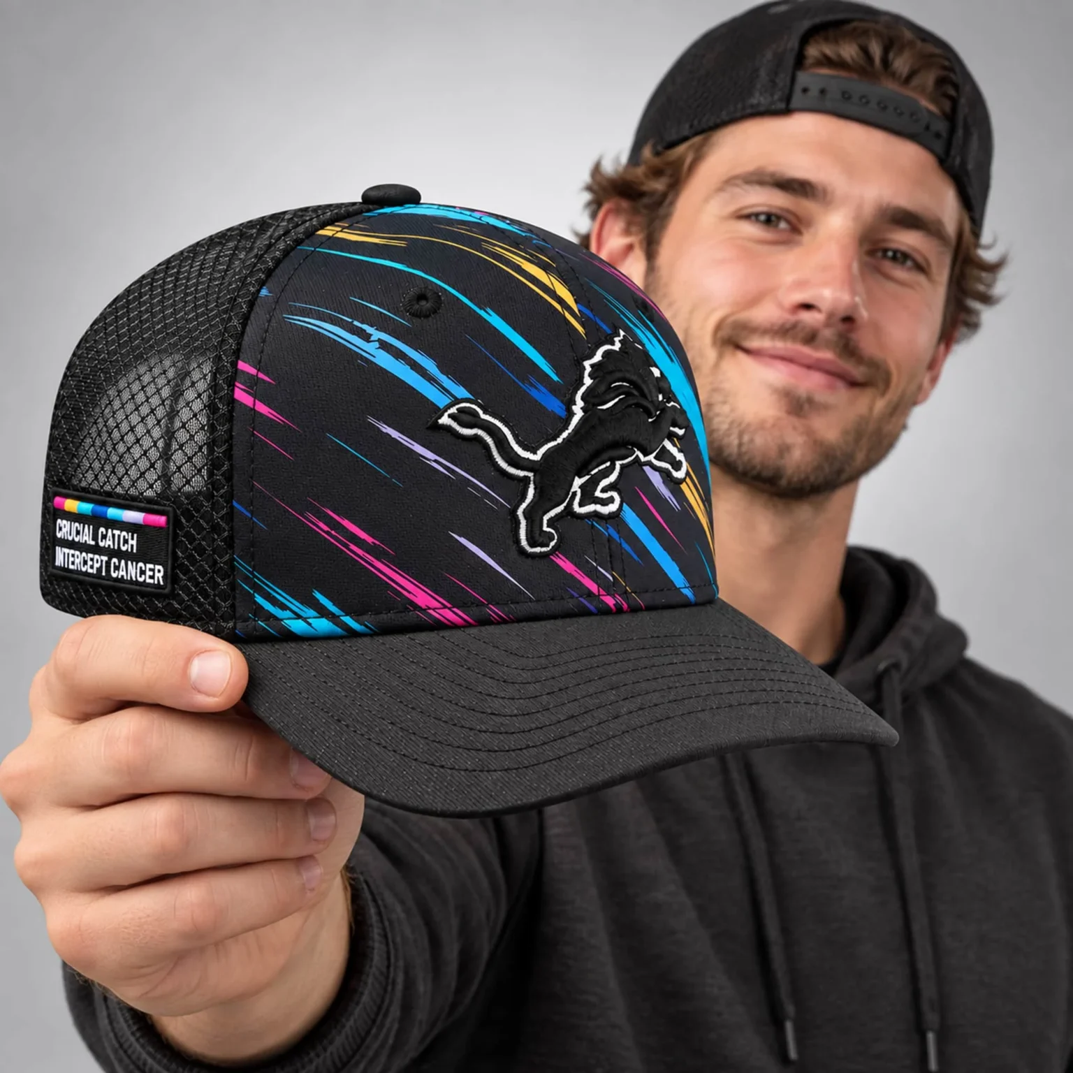 lions 2026 crucial catch intercept cancer trucker hat2