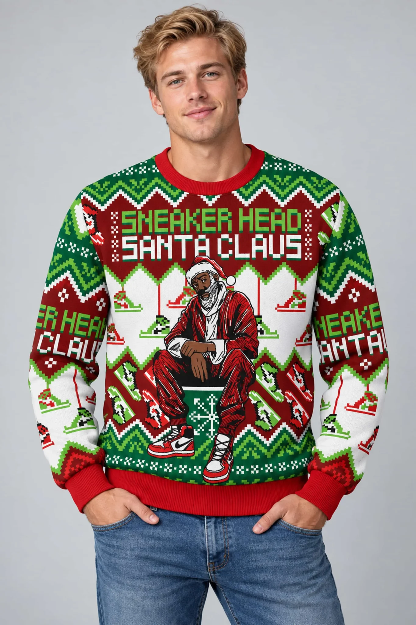 sneaker head santa claus ugly christmas sweater2
